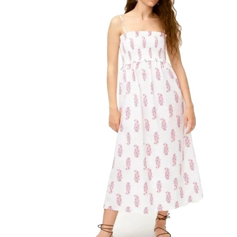 J. Crew Dress Long Maxi XL White Poplin Floral‎ Smocked Sleeveless Summer Boho